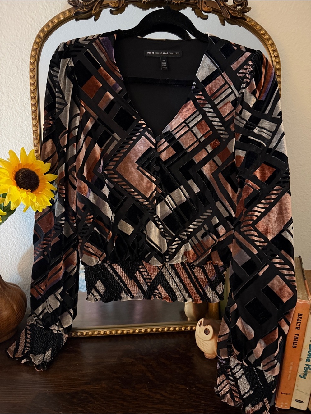 White House Black Market Black, Copper & Silver Velvet Geometric Top